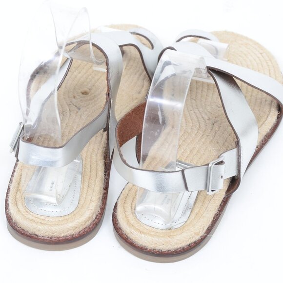 H&M Premium Silver Leather Women's 8 Toe Post Flat Jute Sole Sandals Boho Hippie - Picture 4 of 8